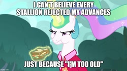 Size: 888x499 | Tagged: safe, edit, edited screencap, screencap, character:princess celestia, species:alicorn, species:pony, episode:between dark and dawn, g4, my little pony: friendship is magic, alternate hairstyle, angry, caption, celestia is not amused, clothing, cute, female, food, hawaiian shirt, image macro, imgflip, madorable, magic, mare, sandwich, shirt, solo, text, unamused