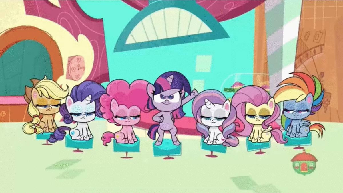 Size: 1200x677 | Tagged: safe, edit, edited screencap, screencap, character:applejack, character:fluttershy, character:pinkie pie, character:potion nova, character:rainbow dash, character:rarity, character:twilight sparkle, character:twilight sparkle (alicorn), species:alicorn, species:earth pony, species:pegasus, species:pony, species:unicorn, episode:meet potion nova!, g4.5, my little pony: pony life, my little pony:pony life, spoiler:pony life s01e21, animated, bipedal, chair, confused, excited, eyes closed, mane six, sitting, smiling, sparkles, sugarcube corner, sunburst background, talking, treehouse logo, wings