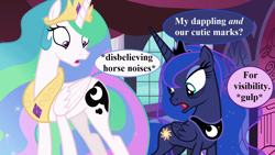 Size: 1280x720 | Tagged: safe, edit, edited screencap, screencap, character:princess celestia, character:princess luna, species:alicorn, species:pony, episode:a royal problem, g4, my little pony: friendship is magic, angry, canterlot castle, crown, descriptive noise, dialogue, female, horse noises, implied starlight glimmer, jewelry, mare, peytral, regalia, speech bubble, swapped cutie marks