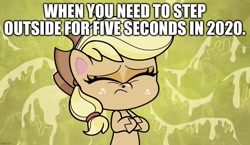 Size: 1426x828 | Tagged: safe, edit, edited screencap, screencap, character:applejack, episode:sick day, g4.5, my little pony: pony life, my little pony:pony life, spoiler:pony life s01e20, 2020, caption, coronavirus, covid-19, disgusted, disgusting, image macro, sick, snot, text