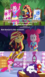 Size: 2000x3375 | Tagged: safe, edit, edited screencap, screencap, character:pinkie pie, character:rarity, character:sunset shimmer, species:earth pony, species:pony, species:unicorn, episode:yakity-sax, equestria girls:sunset's backstage pass, g4, my little pony: equestria girls, my little pony: friendship is magic, my little pony:equestria girls, spoiler:eqg series (season 2), angry, annoyed, caption, carousel boutique, cellspex, comic, eyes closed, female, hands on hip, image macro, mare, op has a point, paint, paint splatter, quote, reference, rv, sad, screencap comic, sewing machine, text, tree, yovidaphone