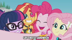 Size: 1024x576 | Tagged: safe, edit, edited screencap, screencap, character:cheese sandwich, character:fluttershy, character:pinkie pie, character:sunset shimmer, character:twilight sparkle, character:twilight sparkle (scitwi), species:eqg human, episode:unsolved selfie mysteries, g4, my little pony: equestria girls, my little pony:equestria girls, clothing, cute, diapinkes, female, geode of empathy, geode of sugar bombs, magical geodes, one eye closed, selfie, shimmerbetes, shyabetes, swimsuit, twiabetes, wetsuit, wink