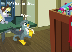 Size: 1008x720 | Tagged: safe, edit, edited screencap, screencap, character:derpy hooves, character:gabby, episode:dragon dropped, g4, my little pony: friendship is magic, box, clothing, cropped, dialogue, disbelief, envelope, hat, mail, mailbag, mailmare hat, mailpony uniform, post office