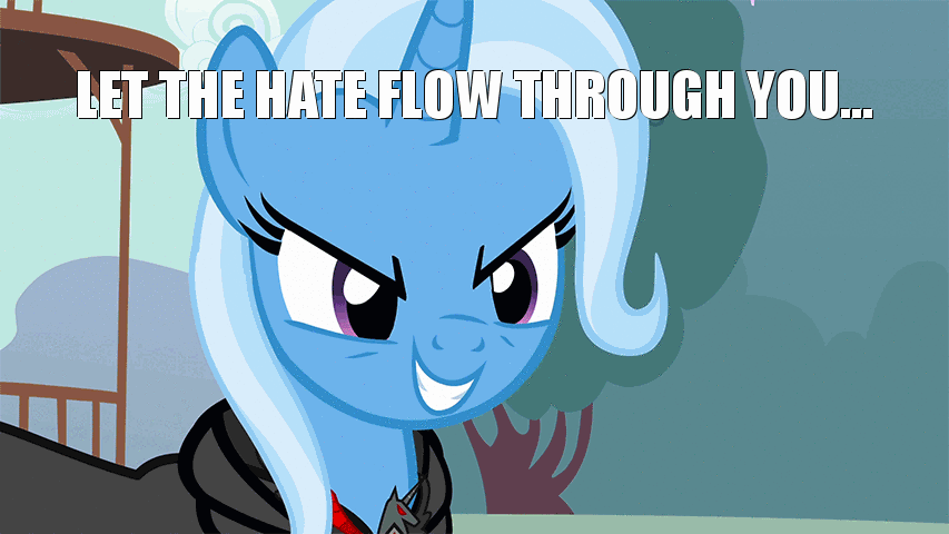 Size: 853x480 | Tagged: safe, edit, edited screencap, screencap, character:trixie, species:pony, species:unicorn, episode:magic duel, g4, my little pony: friendship is magic, alicorn amulet, animated, evil grin, female, grin, mare, smiling, solo, text