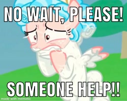Size: 1200x962 | Tagged: safe, edit, edited screencap, screencap, character:cozy glow, species:pegasus, species:pony, episode:the ending of the end, g4, my little pony: friendship is magic, begging, caption, drama, fear, female, filly, image macro, meme, scared, solo, text, turned to stone