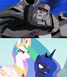 Size: 1900x2180 | Tagged: safe, edit, edited screencap, screencap, character:princess celestia, character:princess luna, episode:the ending of the end, g4, my little pony: friendship is magic, angry, begging, crossover, megatron, the transformers: the movie, transformers
