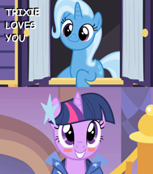 Size: 1264x1440 | Tagged: safe, edit, edited screencap, screencap, character:trixie, character:twilight sparkle, character:twilight sparkle (unicorn), species:pony, species:unicorn, ship:twixie, episode:the best night ever, episode:to where and back again, g4, my little pony: friendship is magic, blushing, cute, diatrixes, female, lesbian, shipping, shipping domino, twiabetes