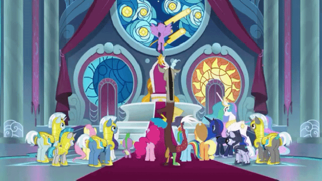 Size: 640x360 | Tagged: safe, edit, edited screencap, screencap, character:applejack, character:discord, character:fluttershy, character:pinkie pie, character:princess celestia, character:princess luna, character:rainbow dash, character:rarity, character:spike, character:twilight sparkle, character:twilight sparkle (alicorn), species:alicorn, species:draconequus, species:dragon, species:earth pony, species:pegasus, species:pony, species:unicorn, episode:the ending of the end, g4, my little pony: friendship is magic, animated, clash of hasbro's titans, female, guardsmare, male, mare, royal guard, seekers, skywarp, slipstream (transformers), stallion, starscream, sunstorm, thrust, thundercracker, transformers, transformers animated, winged spike