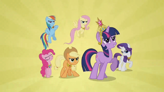 Size: 640x360 | Tagged: safe, edit, edited screencap, screencap, character:applejack, character:fluttershy, character:pinkie pie, character:rainbow dash, character:rarity, character:twilight sparkle, character:twilight sparkle (unicorn), species:earth pony, species:pegasus, species:pony, species:unicorn, episode:the return of harmony, g4, my little pony: friendship is magic, animated, clash of hasbro's titans, clobber, decepticon, element of generosity, element of honesty, element of kindness, element of laughter, element of loyalty, element of magic, elements of harmony, gif, lockdown (transformers), mane six, megatron, robot, shadow striker, shockwave, skybyte, transformers, transformers cyberverse