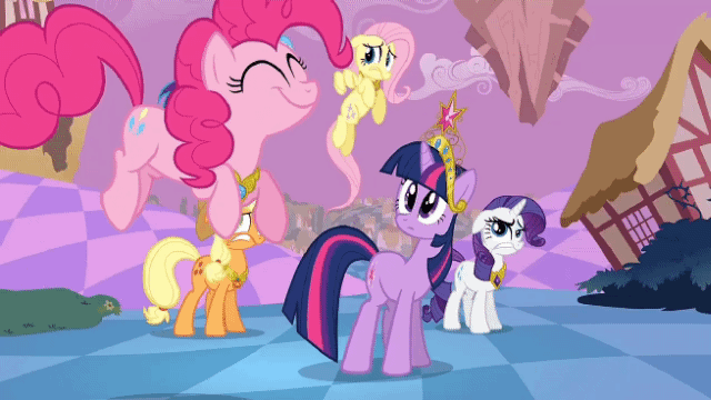 Size: 640x360 | Tagged: safe, edit, edited screencap, screencap, character:applejack, character:fluttershy, character:pinkie pie, character:rainbow dash, character:rarity, character:twilight sparkle, episode:the return of harmony, g4, my little pony: friendship is magic, animated, clash of hasbro's titans, clobber, determined, element of generosity, element of honesty, element of kindness, element of laughter, element of loyalty, element of magic, elements of harmony, lockdown, lockdown (transformers), megatron, shadow striker, shockwave, skybyte, transformers, transformers cyberverse