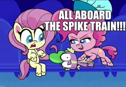Size: 1560x1080 | Tagged: safe, edit, edited screencap, screencap, character:fluttershy, character:pinkie pie, character:spike, episode:keynote pie, g4.5, my little pony: pony life, my little pony:pony life, spoiler:pony life s01e26, caption, conductor, image macro, text, train conductor
