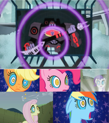 Size: 1049x1180 | Tagged: safe, edit, edited screencap, screencap, character:applejack, character:fluttershy, character:pinkie pie, character:rainbow dash, character:rarity, episode:the return of harmony, g4, my little pony: friendship is magic, crossover, human error, hypnosis, hypnotized, kaa eyes, soundblaster, transformers, transformers animated