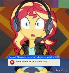 Size: 720x763 | Tagged: safe, edit, edited screencap, screencap, character:sunset shimmer, episode:game stream, g4, my little pony: equestria girls, my little pony:equestria girls, spoiler:eqg series (season 2), error, female, meme, solo, windows, windows xp, x.exe stopped working