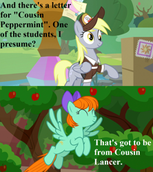Size: 1280x1440 | Tagged: safe, edit, edited screencap, screencap, character:derpy hooves, character:peppermint goldylinks, episode:marks for effort, episode:the point of no return, g4, my little pony: friendship is magic, apple, apple tree, clothing, cute, derpabetes, dialogue, eyes closed, food, hat, implied oc, letter, mailbag, mailmare hat, mailpony uniform, mane bow, package, peppermint adoralinks, tree