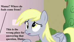 Size: 1280x720 | Tagged: safe, edit, edited screencap, screencap, character:derpy hooves, episode:triple threat, g4, my little pony: friendship is magic, dialogue, implied dinky, the talk