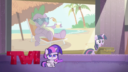 Size: 1920x1080 | Tagged: safe, edit, edited screencap, screencap, character:spike, character:twilight sparkle, character:twilight sparkle (alicorn), species:alicorn, species:pony, episode:the cutie re-mark, episode:zound off, g4.5, my little pony: pony life, my little pony:pony life, spoiler:pony life s01e29, beach, crazy straw, discovery family logo, female, like a boss, mare, simple background, ted talk, transparent background, twi talk, twilight sparkle's slide, vacation