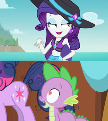 Size: 1280x1440 | Tagged: safe, edit, edited screencap, screencap, character:rarity, character:spike, character:twilight sparkle, character:twilight sparkle (eqg), species:dragon, species:eqg human, ship:sparity, episode:friendship is magic, episode:lost and found, g4, my little pony: equestria girls, my little pony: friendship is magic, my little pony:equestria girls, beach, belly button, bikini, clothing, ear piercing, earring, female, geode of shielding, hat, heart eyes, jewelry, magical geodes, male, offscreen character, piercing, sarong, shipping, shipping domino, straight, swimsuit, wingding eyes