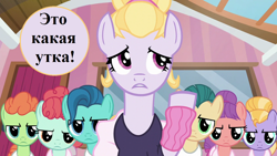 Size: 1280x720 | Tagged: safe, edit, edited screencap, screencap, character:ballet jubilee, character:berry star, character:hoofer steps, character:shining passion, character:shuffle step, episode:on your marks, g4, my little pony: friendship is magic, cyrillic, dialogue, op is a duck (reaction image), reaction image, russian, speech, speech bubble, strawberry swing, talking, translated in the description, waltzer