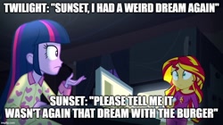 Size: 896x500 | Tagged: safe, edit, edited screencap, screencap, character:sunset shimmer, character:twilight sparkle, character:twilight sparkle (alicorn), character:twilight sparkle (eqg), species:alicorn, species:eqg human, species:pony, equestria girls:rainbow rocks, g4, my little pony: equestria girls, my little pony:equestria girls, caption, clothing, duo, food, image macro, pajamas, text, whipped cream