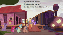 Size: 1280x720 | Tagged: safe, edit, edited screencap, screencap, character:doctor whooves, character:king sombra, character:sea swirl, character:time turner, episode:the cutie re-mark, g4, alternate timeline, cerise sunrise, crystal war timeline, inconsistent spelling, kilroy was here, lament of the rohirrim, lord of the rings, lyrics, magic, magic aura, old english, poster, recursive translation in the description, rosie the riveter, royal guard, song reference, text, the two towers, the two towers (film), tolkien, train, train station, translator:david salo, you know for kids