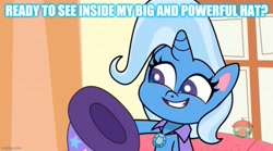 Size: 800x444 | Tagged: safe, edit, edited screencap, screencap, character:trixie, species:pony, species:unicorn, episode:friendship gems, g4.5, my little pony: pony life, my little pony:pony life, spoiler:pony life s01e17, caption, female, image macro, mare, smiling, solo, text