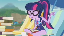 Size: 3000x1687 | Tagged: safe, edit, edited screencap, screencap, character:twilight sparkle, character:twilight sparkle (scitwi), species:eqg human, episode:friendship math, g4, my little pony: equestria girls, my little pony:equestria girls, adding machine, beach chair, book, clothing, cute, female, geode of telekinesis, glasses, legs, magical geodes, paper, ponytail, sleeveless, solo, swimsuit, thighs, twiabetes, umbrella