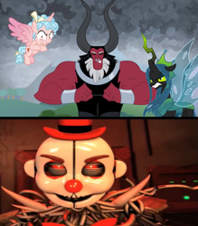 Size: 2912x3328 | Tagged: safe, edit, edited screencap, screencap, character:cozy glow, character:lord tirek, character:queen chrysalis, episode:the ending of the end, g4, my little pony: friendship is magic, season 9, 3d, cringing, death horse, derpy horse4, end of the memeverse, ennard, five nights at freddy's, red eyes, source filmmaker