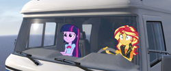 Size: 1920x802 | Tagged: safe, edit, edited screencap, screencap, character:sunset shimmer, character:twilight sparkle, character:twilight sparkle (eqg), species:eqg human, g4, my little pony: equestria girls, my little pony:equestria girls, camper, rv, the incredibles, vectors used
