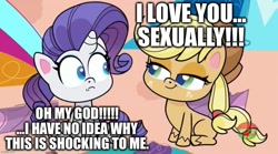 Size: 1115x621 | Tagged: safe, edit, edited screencap, screencap, character:applejack, character:rarity, species:earth pony, species:pony, species:unicorn, ship:rarijack, episode:a camping we will go, g4.5, my little pony: pony life, my little pony:pony life, spoiler:pony life s01e15, bedroom eyes, caption, excessive exclamation marks, female, i love you, image macro, lesbian, lidded eyes, love, mare, shipping, shocked, sitting, smiling, text