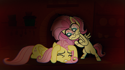 Size: 1366x768 | Tagged: safe, edit, edited screencap, screencap, character:fluttershy, species:pegasus, species:pony, g4, my little pony:pony life, bipedal, bloodshot eyes, creepy, eyes closed, female, fluttershy's unboxing vlog, generational ponidox, gritted teeth, hoof on head, lying down, mare, ponidox, prone, scared, self ponidox, wavy mouth