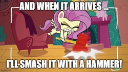 Size: 666x375 | Tagged: safe, edit, edited screencap, screencap, character:fluttershy, species:pegasus, species:pony, episode:unboxing day, g4.5, my little pony: pony life, my little pony:pony life, spoiler:pony life s01e30, box, caption, female, fluttershy's unboxing vlog, hammer, image macro, mare, solo, text, the emperor's new groove, yzma
