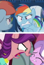 Size: 1105x1618 | Tagged: safe, edit, screencap, character:diamond tiara, character:rainbow dash, character:spoiled rich, character:windy whistles, species:earth pony, species:pegasus, species:pony, episode:crusaders of the lost mark, episode:parental glideance, g4, my little pony: friendship is magic, angry, comparison, eyes closed, female, filly, lip bite, mare, yelling