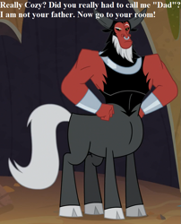 Size: 759x938 | Tagged: safe, edit, edited screencap, screencap, character:lord tirek, species:centaur, episode:frenemies, g4, my little pony: friendship is magic, beard, bracer, caption, chestplate, cloven hooves, colored hooves, denial, facial hair, hands on hip, horns, image macro, male, muscles, nose piercing, nose ring, piercing, raised eyebrow, solo, text, unamused, wristband