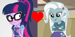 Size: 1080x540 | Tagged: safe, edit, edited screencap, screencap, character:trixie, character:twilight sparkle, character:twilight sparkle (scitwi), species:eqg human, ship:twixie, equestria girls:equestria girls, equestria girls:rollercoaster of friendship, g4, my little pony: equestria girls, my little pony:equestria girls, female, lesbian, sci-twixie, shipping, shipping domino