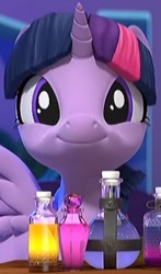 Size: 231x393 | Tagged: safe, edit, edited screencap, screencap, character:twilight sparkle, character:twilight sparkle (alicorn), species:alicorn, species:pony, g4, 3d, cropped, cute, hello pinkie pie, looking at you, potions, smiling, smiling at you, spread wings, twiabetes, twilight sparkle's potion challenge, wings