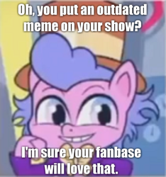Size: 730x780 | Tagged: safe, edit, edited screencap, screencap, species:pony, episode:one click wonder, g4.5, my little pony: pony life, my little pony:pony life, spoiler:pony life s01e28, caption, condescending wonka, cropped, grammar error, image macro, meme, op is a duck, op is trying to start shit, op is trying to start shit so badly that it's kinda funny, ponified, ponified meme, sarcasm, text, willy wonka, willy wonka and the chocolate factory