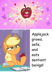 Size: 904x1256 | Tagged: safe, edit, screencap, character:applejack, species:earth pony, species:pony, episode:a trivial pursuit, g4, my little pony: friendship is magic, my little pony:pony life, spoiler:pony life s01e34, :t, apple, apple tree, applejack's hat, basket, chewing, clothing, confident, cowboy hat, cropped, eating, eyes closed, faec, female, food, freckles, hat, heart, herbivore, holding, hooves on the table, laughing, lidded eyes, mare, ponytail, puffy cheeks, rainbow, raised eyebrow, raised hoof, sitting, smiling, smirk, smugjack, solo, stetson, talking, that pony sure does love apples, the 5 habits of highly effective ponies, tree