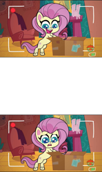 Size: 1280x2160 | Tagged: safe, edit, edited screencap, screencap, character:fluttershy, species:pegasus, species:pony, episode:unboxing day, g4.5, my little pony: pony life, my little pony:pony life, spoiler:pony life s01e30, animation error, box, exploitable meme, female, fluttershy's cottage, mare, meme, recording, sad, simple background, solo, template, transparent background, treehouse logo, wingless