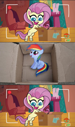 Size: 1280x2160 | Tagged: safe, edit, edited screencap, screencap, character:fluttershy, character:rainbow dash, species:pegasus, species:pony, fanfic:my little dashie, episode:unboxing day, g4.5, my little pony: pony life, my little pony:pony life, spoiler:pony life s01e30, animation error, box, exploitable meme, female, fluttershy's cottage, good people finding dash meme, mare, meme, obligatory pony