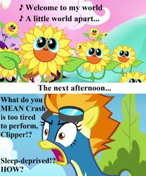Size: 1280x1536 | Tagged: safe, edit, edited screencap, screencap, character:spitfire, episode:do princesses dream of magic sheep?, episode:newbie dash, g4, my little pony: friendship is magic, a little world apart, a troll in central park, aviator goggles, clothing, flower, goggles, implied rainbow dash, implied soarin', lyrics, nightmare, nightmare sunflower, robert folk, shocked, song reference, speech, sunflower, talking, text, tree, uniform, wonderbolts uniform