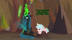 Size: 1920x1080 | Tagged: safe, edit, edited screencap, screencap, character:cozy glow, character:queen chrysalis, species:changeling, species:pony, g4, spoiler:s09, evil lair, grogar's lair, imminent spanking, insolence, lair, paddle, photo, rock, text