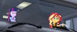 Size: 1920x802 | Tagged: safe, edit, edited screencap, screencap, character:sunset shimmer, character:twilight sparkle, character:twilight sparkle (eqg), species:eqg human, g4, my little pony: equestria girls, my little pony:equestria girls, driving, interior, rv, the incredibles