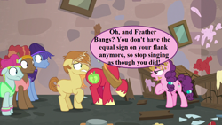 Size: 1280x720 | Tagged: safe, edit, edited screencap, screencap, character:big mcintosh, character:feather bangs, character:sugar belle, episode:hard to say anything, g4, my little pony: friendship is magic, angry, backup dancers, baseball cap, broken, cap, clothing, dialogue, floppy ears, glamor trot, hat, horse collar, mess, our town, smooth vibes, speech, speech bubble, stereo mix, talking