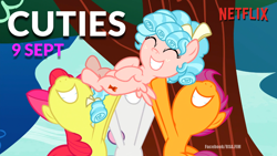 Size: 1360x768 | Tagged: safe, edit, edited screencap, screencap, character:apple bloom, character:cozy glow, character:scootaloo, character:sweetie belle, species:earth pony, species:pegasus, species:pony, episode:marks for effort, g4, my little pony: friendship is magic, bow, caption, cutie mark crusaders, cuties, cuties (series), female, filly, logo, netflix, tree