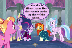 Size: 1053x702 | Tagged: safe, edit, edited screencap, screencap, character:luster dawn, character:silverstream, character:starlight glimmer, character:sunburst, character:twilight sparkle, character:twilight sparkle (alicorn), species:alicorn, species:pony, episode:the last problem, g4, my little pony: friendship is magic, clothing, crown, cute, dialogue, diastreamies, glasses, glimmerbetes, hoof shoes, jewelry, lusterbetes, necklace, older, older silverstream, older starlight glimmer, older sunburst, older twilight, peytral, princess twilight 2.0, regalia, robe, school of friendship, speech, speech bubble, suit, that hippogriff sure does love stairs, twiabetes