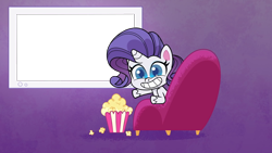 Size: 1920x1080 | Tagged: safe, edit, edited screencap, screencap, character:rarity, species:pony, species:unicorn, g4.5, my little pony:pony life, spoiler:pony life s01e41, bean mouth, chair, female, food, popcorn, smiling, solo, template, the debut taunt
