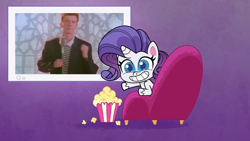 Size: 1920x1080 | Tagged: safe, edit, edited screencap, screencap, character:rarity, species:pony, species:unicorn, g4.5, my little pony:pony life, spoiler:pony life s01e41, female, food, mare, never gonna give you up, popcorn, rick astley, rickroll, smiling, television, the debut taunt