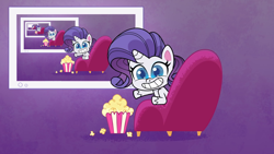 Size: 1920x1080 | Tagged: safe, edit, edited screencap, screencap, character:rarity, g4.5, my little pony:pony life, spoiler:pony life s01e41, droste effect, food, popcorn, recursion, smiling, television, the debut taunt