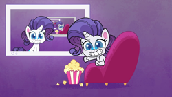 Size: 1920x1080 | Tagged: safe, edit, edited screencap, screencap, character:rarity, species:pony, species:unicorn, g4.5, my little pony:pony life, spoiler:pony life s01e41, bean mouth, chair, droste effect, female, food, mare, paradox, popcorn, recursion, smiling, solo, the debut taunt