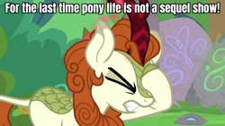 Size: 1280x720 | Tagged: safe, edit, edited screencap, screencap, character:autumn blaze, species:kirin, episode:sounds of silence, g4, my little pony: friendship is magic, my little pony:pony life, spoiler:s08, angry, caption, cloven hooves, eyes closed, facehoof, female, image macro, op has a point, op is right, op is right you know, op is smart, reaction image, solo, text